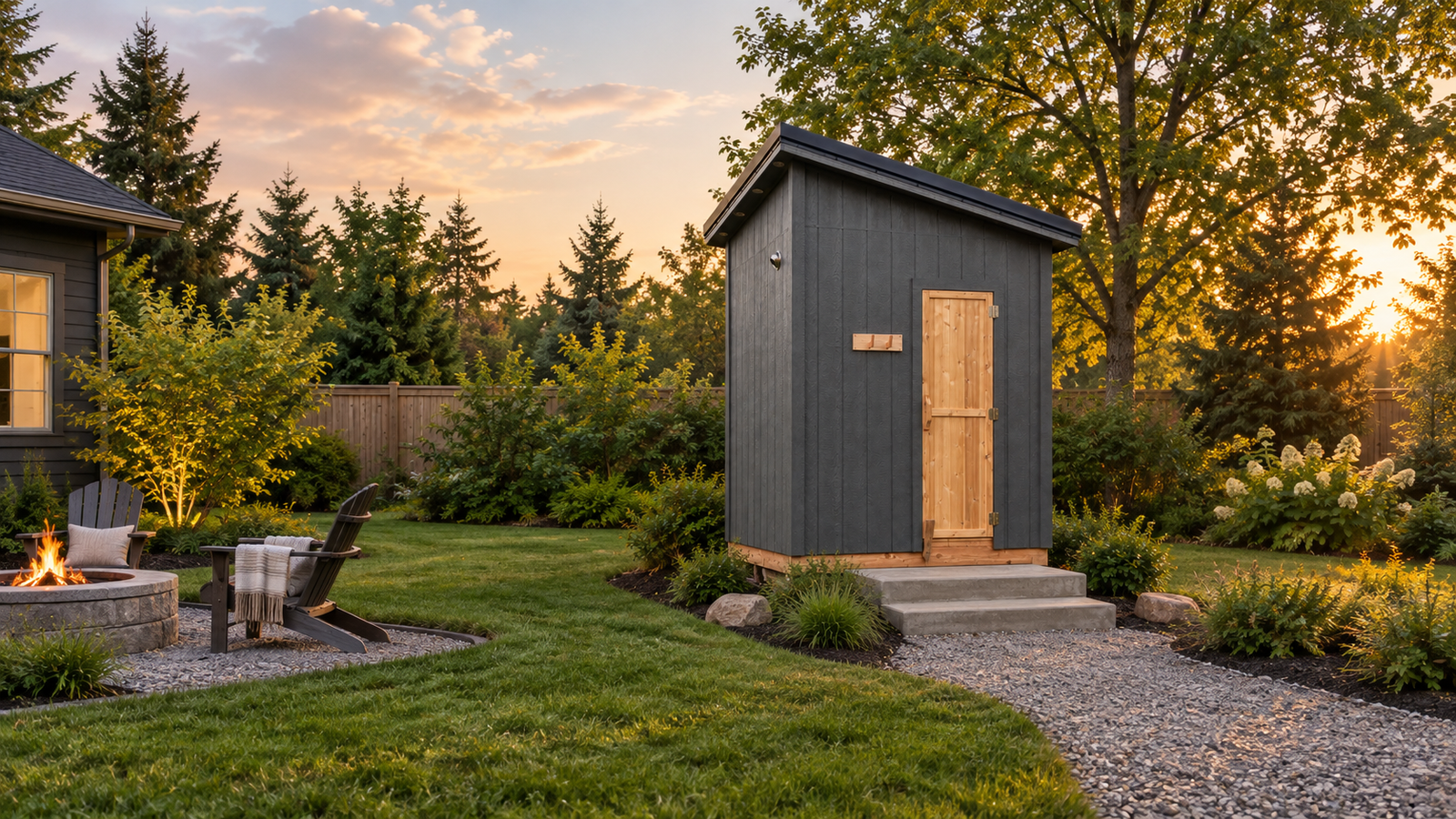 A handcrafted outdoor Finnish sauna cabin in a backyard at dusk, with concrete steps leading up to the cedar door